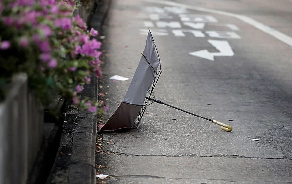 An umbrella left by anti-extradition bill protesters is pictured in Sham Shui Po