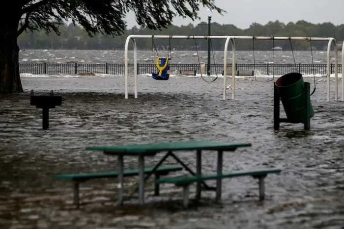 Framed Print : The Union Point Park Complex is seen flooded as the Hurricane Florence comes ashore in