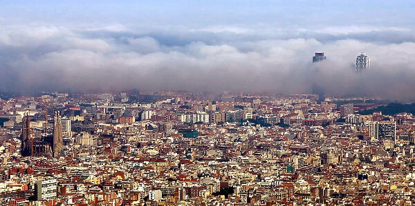 Unusual Barcelona City Coastline Fog
