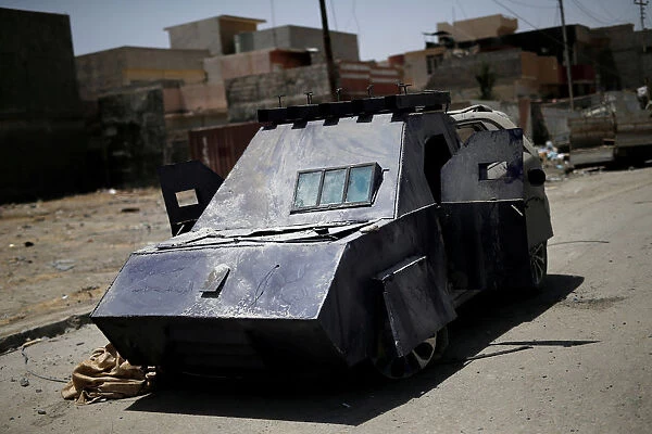 A vehicle used for suicide car bombings, made by Islamic State militants