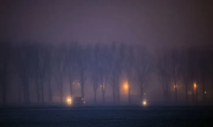 Framed Print : Vehicles drive through fog on a frosty road near Dragos Voda village Framed Print : Vehicles drive through fog on a frosty road near Dragos Voda village