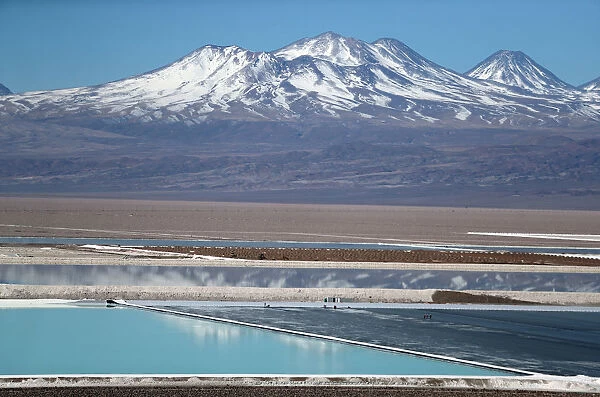 A view of brine pools of a lithium mine on the Atacama salt flat in the Atacama desert