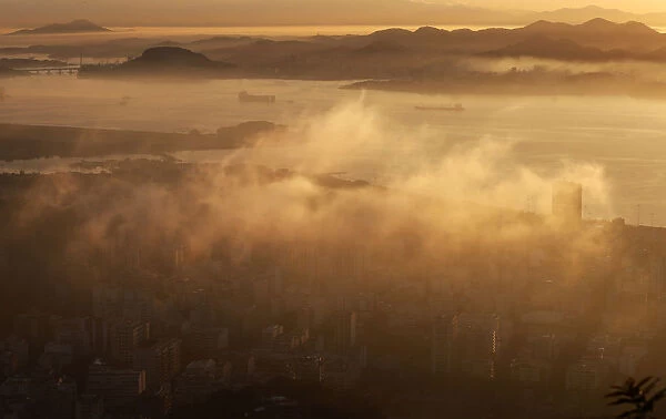 A view of the Flamengo neighborhood, , as the sun rise in Rio de Janeiro