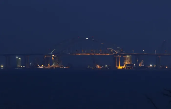 Framed Print : A view shows a bridge, which is constructed to connect the Russian mainland with Framed Print : A view shows a bridge, which is constructed to connect the Russian mainland with