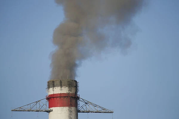 A view shows a chimney of the Trypillian thermal power plant in Kiev region