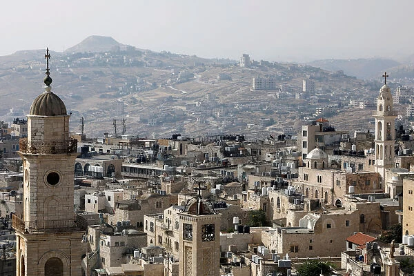 View shows churches and buildings in Bethlehem, in the Israeli-occupied West Bank