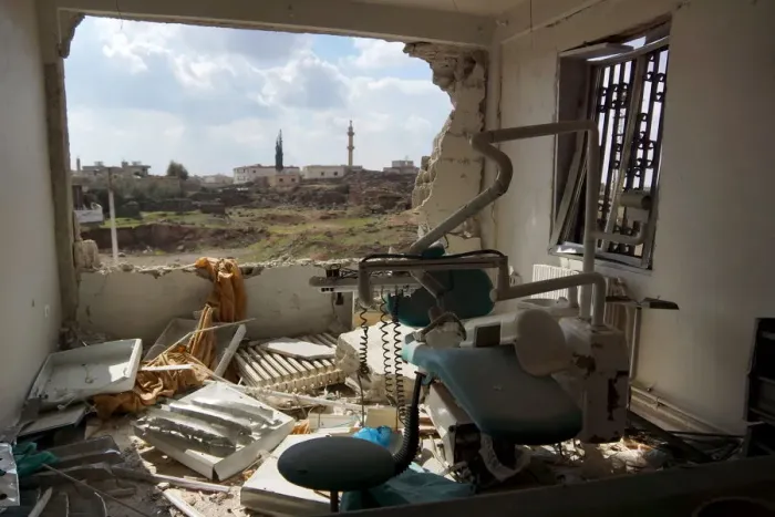 Framed Print : A view shows a damaged clinic after airstrikes by pro-Syrian government forces in Framed Print : A view shows a damaged clinic after airstrikes by pro-Syrian government forces in