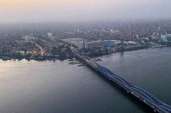 A view of the steel bridge known as Imbaba Bridge over the Nile River and the surrounding