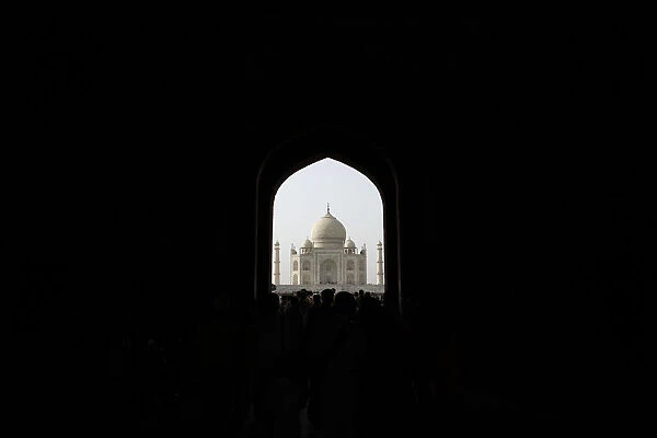 A view of the Taj Mahal from its entrance doors in Agra