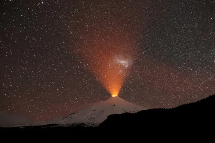 Framed Print : The Villarrica Volcano is seen at night from Pucon town