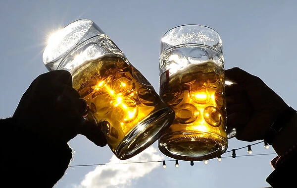 Visitors toast each other on a sunny day during Oktoberfest in Munich