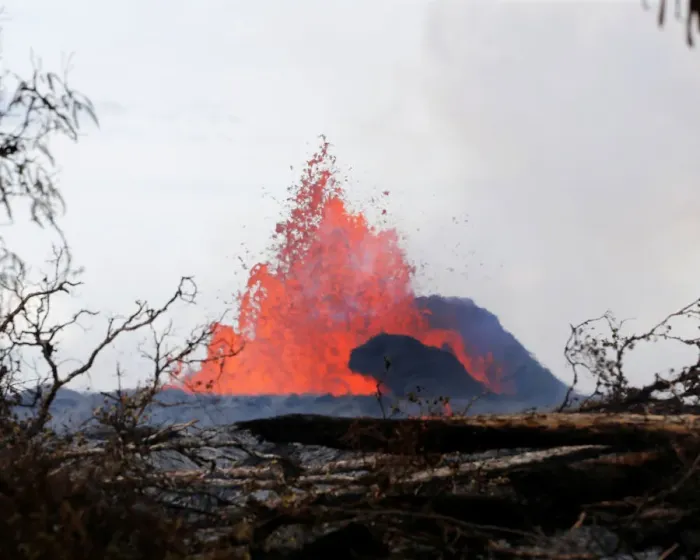 Framed Print : A volcanic fissure spurts molten rock into the air near Nohea Street