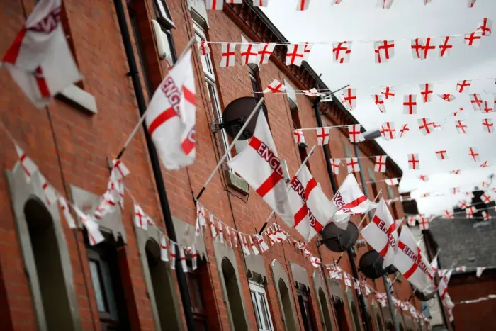 Framed Print : Wales Street in Oldham is temporarily renamed by its residents as England Street as they