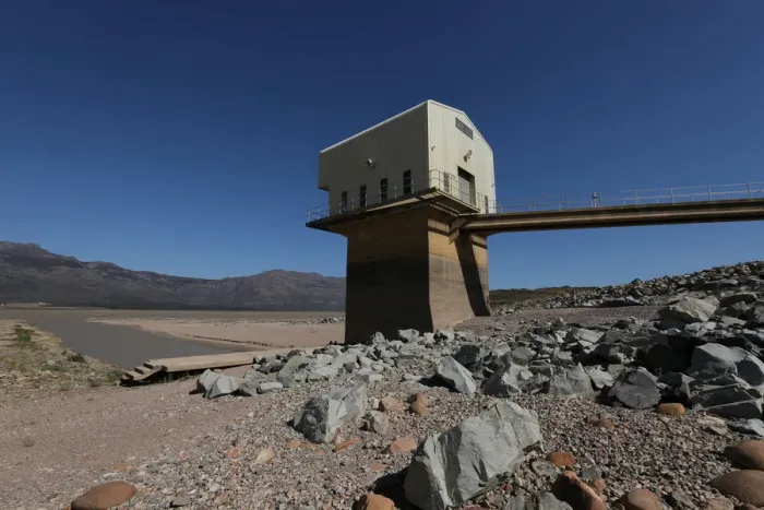 Framed Print : Water levels are seen at about 24 percent full at Voelvlei Dam near Cape Town