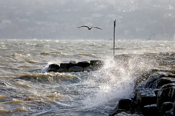 Waves crash on the lakeside of the Lake of Geneva on a windy day in Geneva