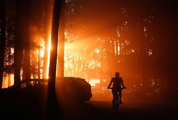 Woman rides a bicycle during sunset in a forest on the outskirts of Minsk