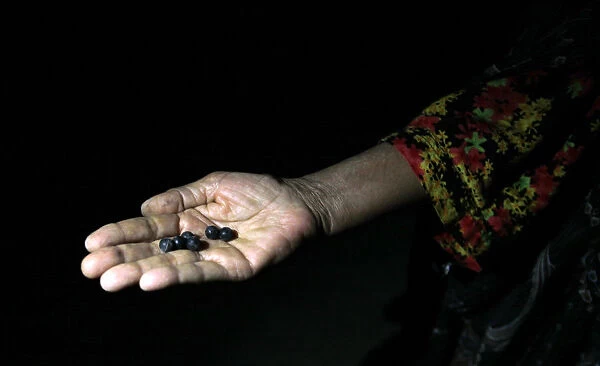 A woman shows rubber-coated pellets fired by riot police in al-Eker village