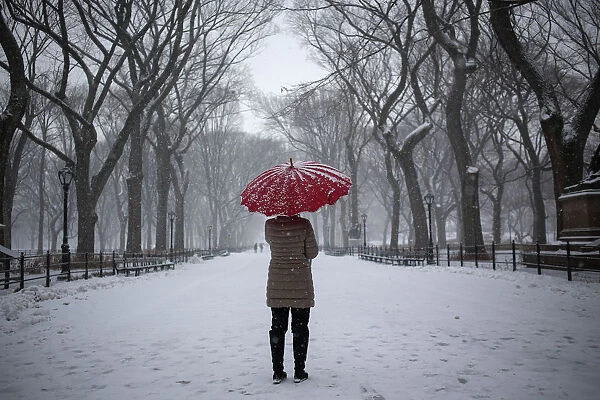 A woman stands with an umbrella during snowfall at Central Park in New York
