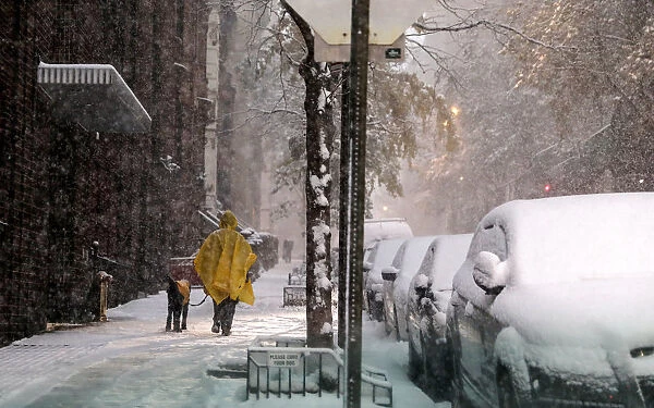A woman walks her dog in a snowstorm in Manhattan in New York City