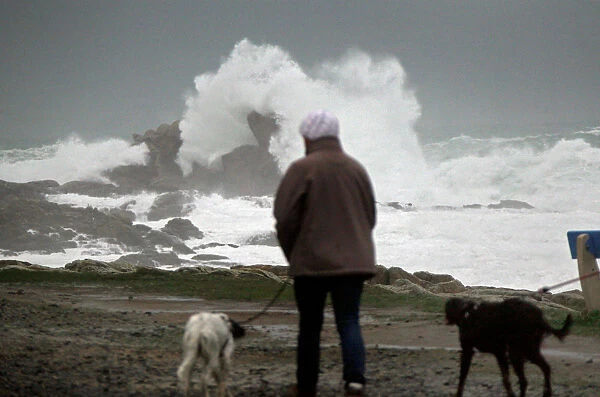 A woman walks her dogs as waves break on the Brittany coast after storm Eleanor hit