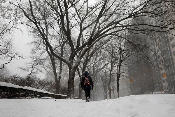 A woman walks in the snow next to Central Park along 5th avenue in upper Manhattan during