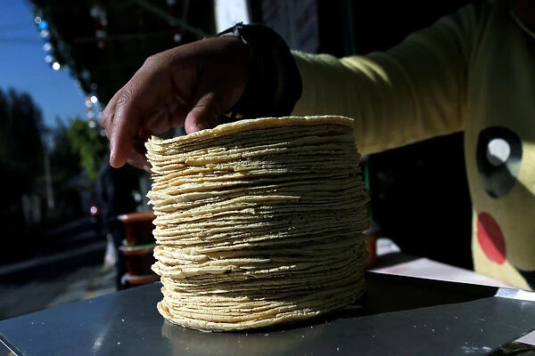 Woman weighs a stack of freshly made corn tortillas at factory in Mexico City