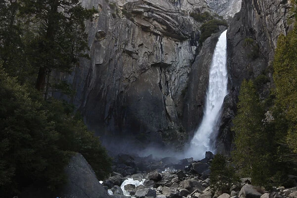 Yosemite Falls, the worlds fifth tallest waterfall at 2425 feet, is seen in Yosemite