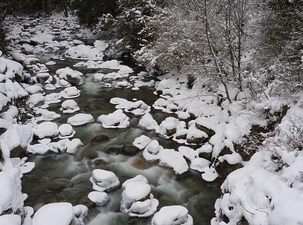 Long exposure of river in winter in Squamish, British Columbia, Canada