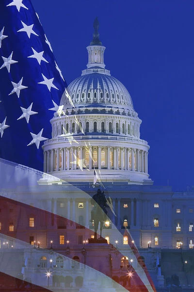 USA, Washington, DC. Composite of flag and Capitol Building at night. Credit as