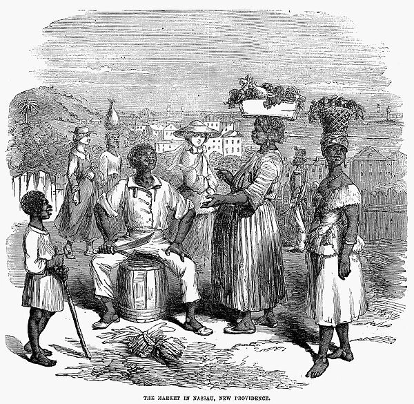 BAHAMAS: MARKET, 1856. Scene at the market of Nassau, New Providence, the Bahamas. Wood engraving, English, 1856