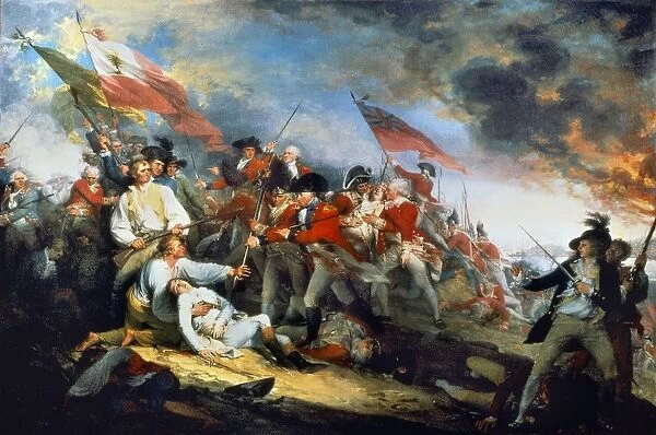 The Battle of Bunker Hill, 17 June 1775. At left is the mortally wounded Joseph Warren; at right are the American Lt. Thomas Grosvenor and his servant Peter Salem. Oil on canvas, 1786, by John Trumbull