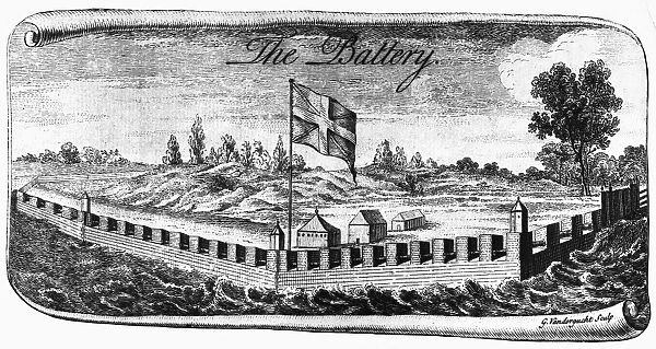 BENJAMIN FRANKLIN: BATTERY. Island battery at the mouth of Philadelphia Harbor, proposed by Benjamin Franklin to defend the city against French and Spanish privateers. Wood engraving, mid-18th century