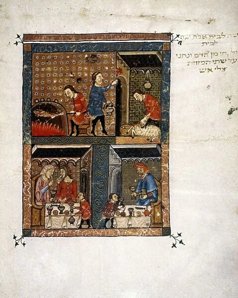 CELEBRATION OF PASSOVER. Illumination from the Rylands Haggadah, Spain, 14th century