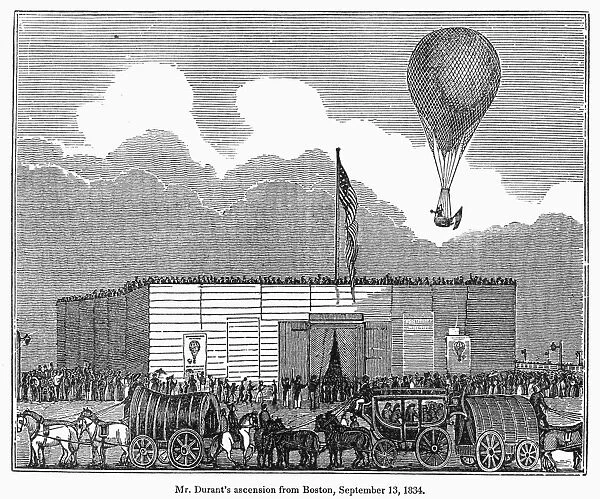 Charles Durant, the first American aeronaut, ascending in his balloon over Boston, 13 September 1834. 19th century engraving