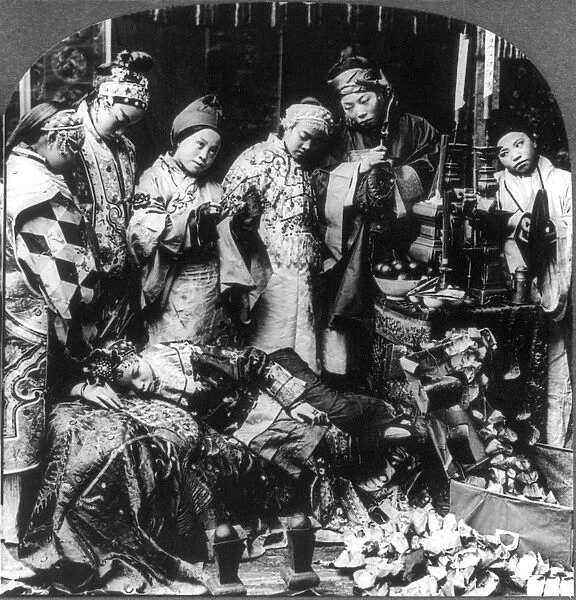 CHINA: CEREMONY, c1919. A group of women performing the ceremony for driving away the seventy-two malignant spirits, Canton, China. Stereograph, c1919