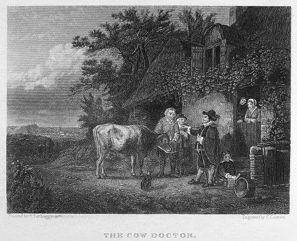 The Cow Doctor. Steel engraving, English, c1850, by Charles Cousen, after a painting by the Belgian artist Charles Philog├¿ne Tschaggeny