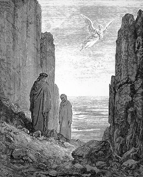 DANTE: PURGATORIO. Dante and Virgil are summoned by an angel to ascend to the fifth level of Purgatory (Canto XIX, lines 51-3). Wood engraving, 19th century, after Gustave Dore