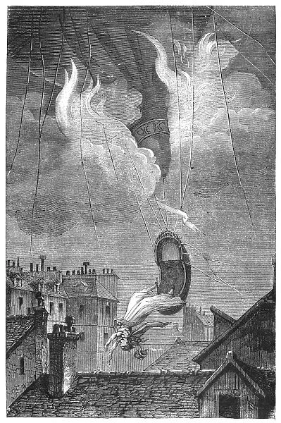 The death of Marie Blanchard, wife of aeronaut Jean Pierre Blanchard, when her balloon caught fire during a demonstration over Paris, 6 June 1819. Contemporary engraving