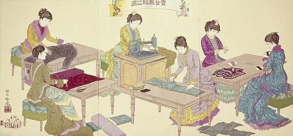 JAPAN: SEWING MACHINES. Japanese women sewing Western-style dresses. Woodblock print