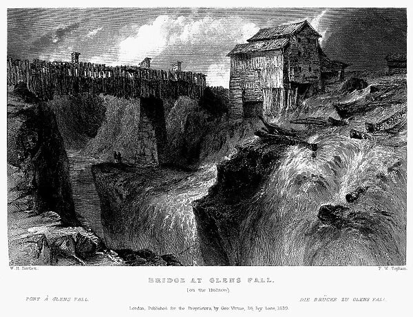 NEW YORK: GLENS FALL, 1839. Bridge at Glens Fall, New York, on the Hudson River. Steel engraving, 1839