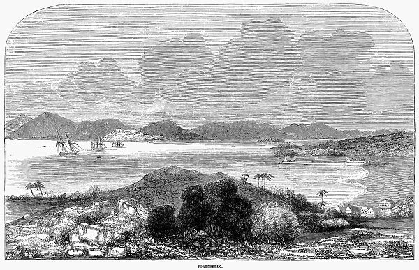 PANAMA: PORTOBELLO, 1852. The harbor at Portobello on the Atlantic coast of Panama. Wood engraving, English, 1852