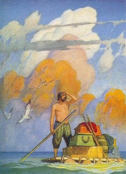 ROBINSON CRUSOE. Aboard his raft: illustration, 1920, by N. C. Wyeth