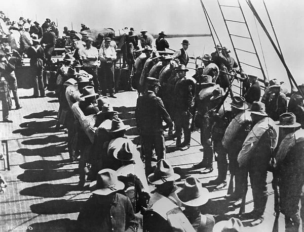 SPANISH-AMERICAN WAR, 1898. American troops being inspected before landing in Cuba