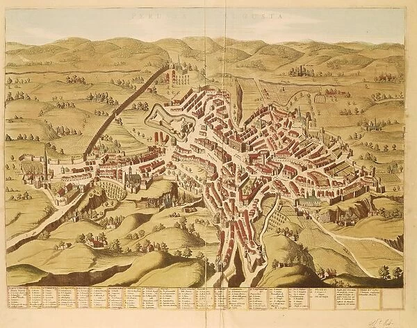 Map of Perugia, Italy, coloured engraving