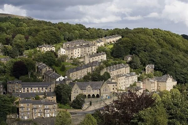 UK, West Yorkshire, Aerial view of textile industry center at Hebden Bridge