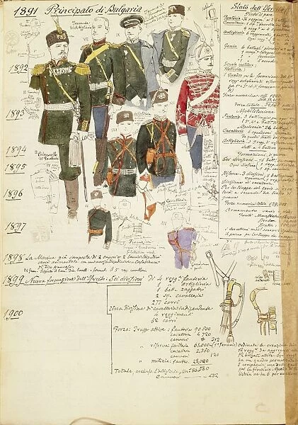 Various uniforms of Principality of Bulgaria, color plate by Quinto Cenni