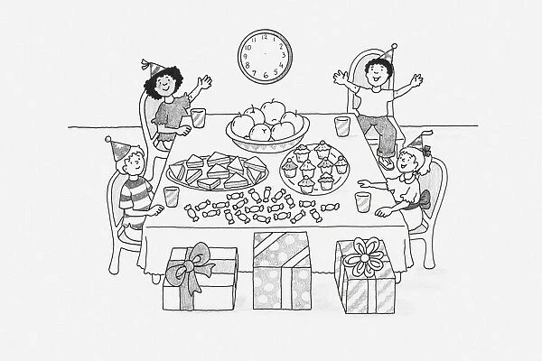 Black and white Illustration of children sitting around a table at birthday party