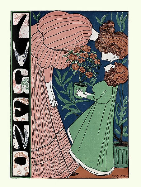 Mother and daughter, Rose plant, Jugendstil, Art Nouveau. German 1890s