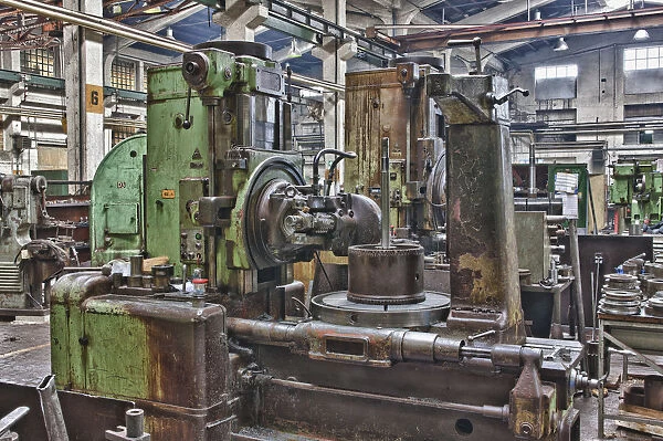Old turning lathe, detail, in an old abandoned factory in Rijeka, Croatia, Europe