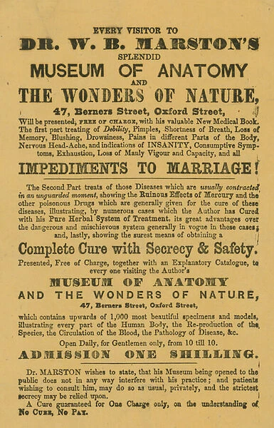 Advert for Dr W B Marstons Museum of Anatomy and the Wonders of Nature (engraving)